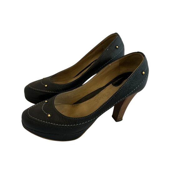 Chloe Leather Round Toe Pumps High Heels Wooden Black Size 38 7.5 Women's - Picture 4 of 14